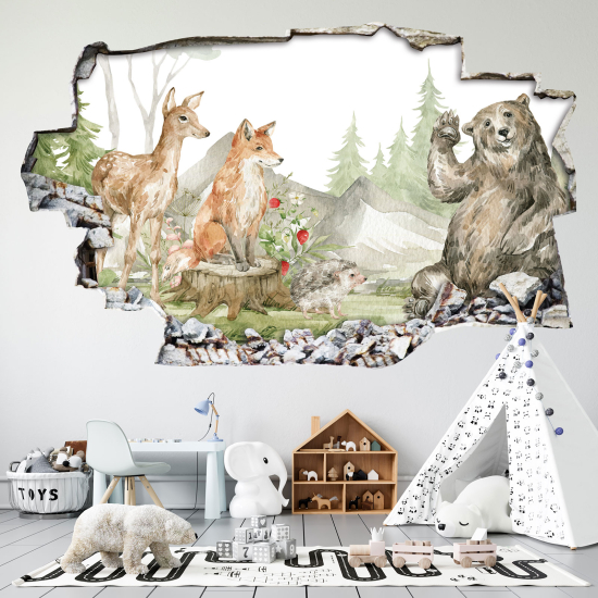 Adesivo murale effetto 3D - Foresta Animali