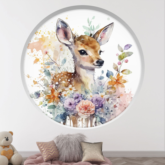Adesivo Murale - Illusione ottica - Arco rotondo per Bambini - Cerbiatto fiori