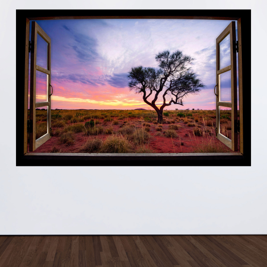 Adesivo Murale - Illusione ottica - Finestra in legno - Alberi