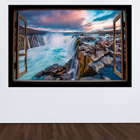 Adesivo Murale - Illusione ottica - Finestra in legno - Cascate