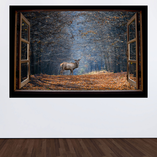 Adesivo Murale - Illusione ottica - Finestra in legno - Cervo nella foresta