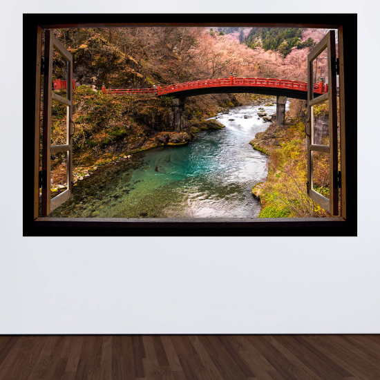 Adesivo Murale - Illusione ottica - Finestra in legno - Fiume