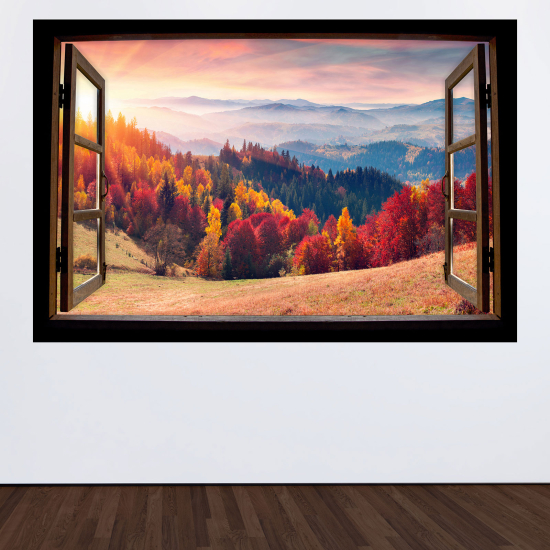 Adesivo Murale - Illusione ottica - Finestra in legno - Foresta