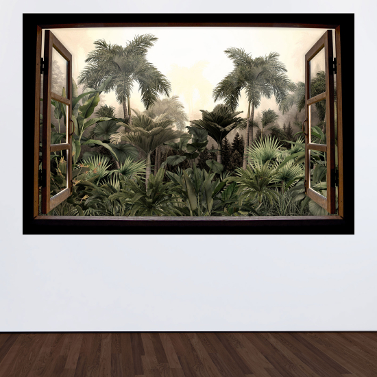 Adesivo Murale - Illusione ottica - Finestra in legno - Giungla