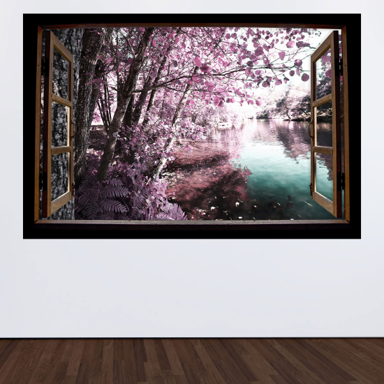 Adesivo Murale - Illusione ottica - Finestra in legno - Lago