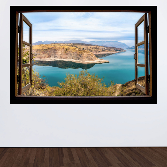 Adesivo Murale - Illusione ottica - Finestra in legno - Lago