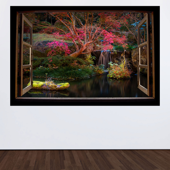 Adesivo Murale - Illusione ottica - Finestra in legno - Lago e alberi