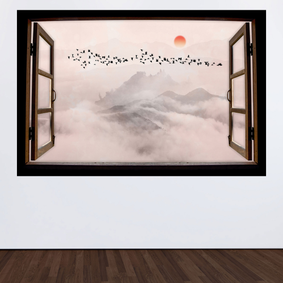 Adesivo Murale - Illusione ottica - Finestra in legno - Paesaggio