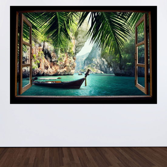 Adesivo Murale - Illusione ottica - Finestra in legno - Paradisiaco