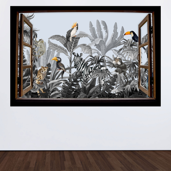 Adesivo Murale - Illusione ottica - Finestra in legno per Bambini - Giungla