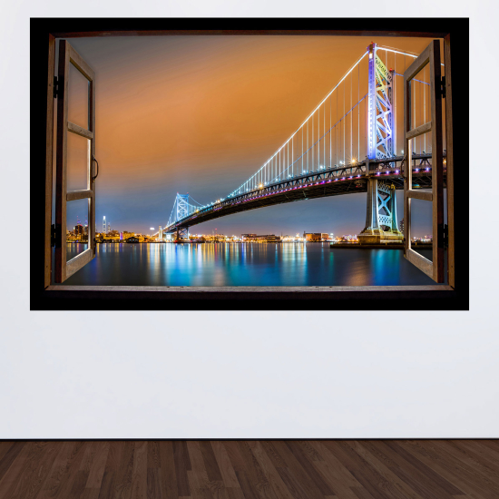 Adesivo Murale - Illusione ottica - Finestra in legno - Ponte di Brooklyn