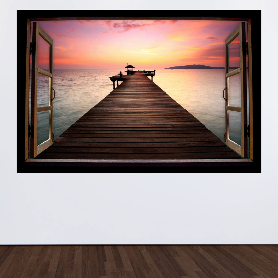 Adesivo Murale - Illusione ottica - Finestra in legno - Pontile al tramonto