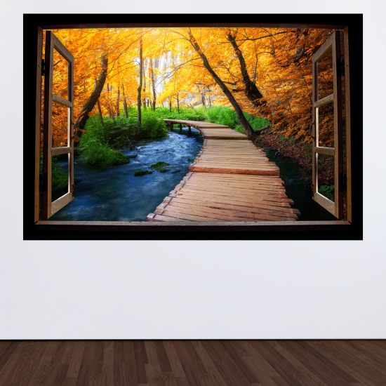 Adesivo Murale - Illusione ottica - Finestra in legno - Pontone foresta