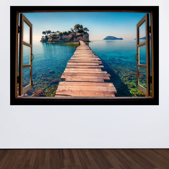Adesivo Murale - Illusione ottica - Finestra in legno - Pontone paradisiaco