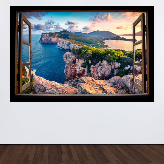 Adesivo Murale - Illusione ottica - Finestra in legno - Scogliere