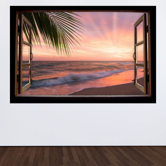 Adesivo Murale - Illusione ottica - Finestra in legno - Spiaggia tramonto