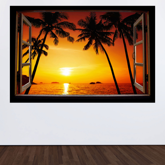 Adesivo Murale - Illusione ottica - Finestra in legno - Tramonto