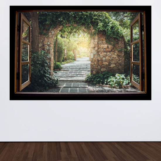 Adesivo Murale - Illusione ottica - Finestra in legno - Vicolo