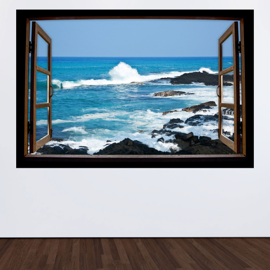 Adesivo Murale - Illusione ottica - Finestra in legno - Vista mare