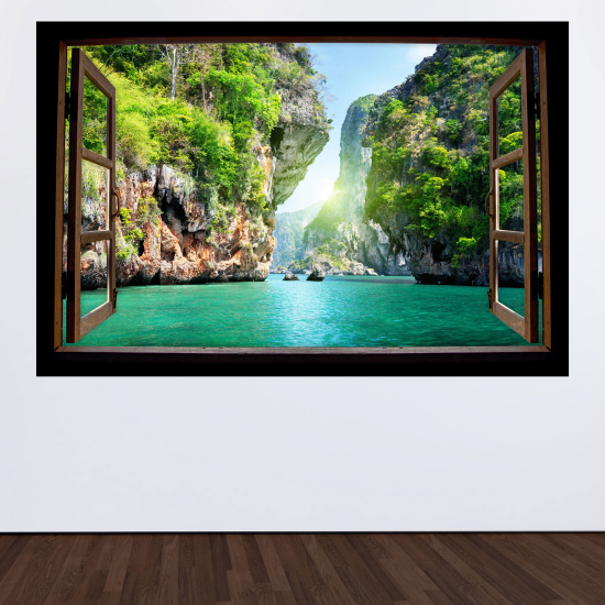 Adesivo Murale - Illusione ottica - Finestra in legno - Vista mare