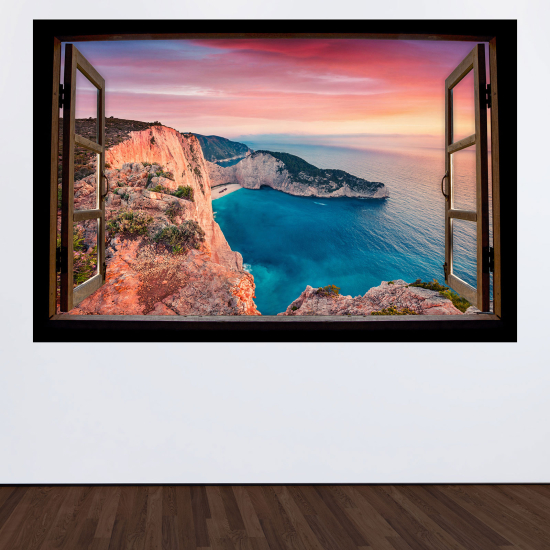 Adesivo Murale - Illusione ottica - Finestra in legno - Vista mare