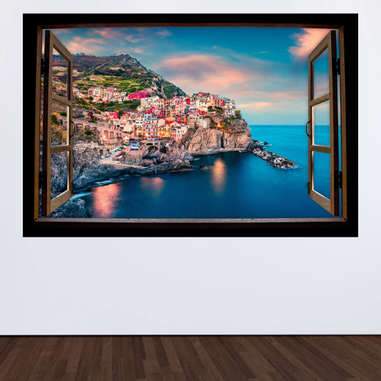 Adesivo Murale - Illusione ottica - Finestra in legno - Vista mare