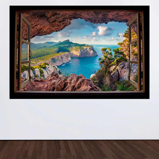 Adesivo Murale - Illusione ottica - Finestra in legno - Vista mare