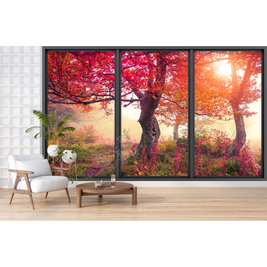 Carta da parati panoramica - Illusione ottica - Alberi foglie rosse