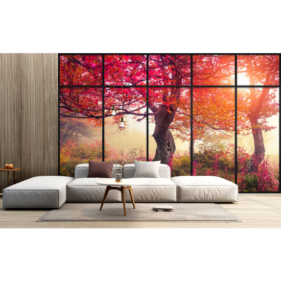 Carta da parati panoramica - Illusione ottica - Alberi foglie rosse