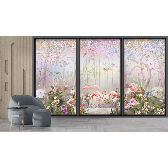 Carta da parati panoramica - Illusione ottica - Fenicotteri rosa