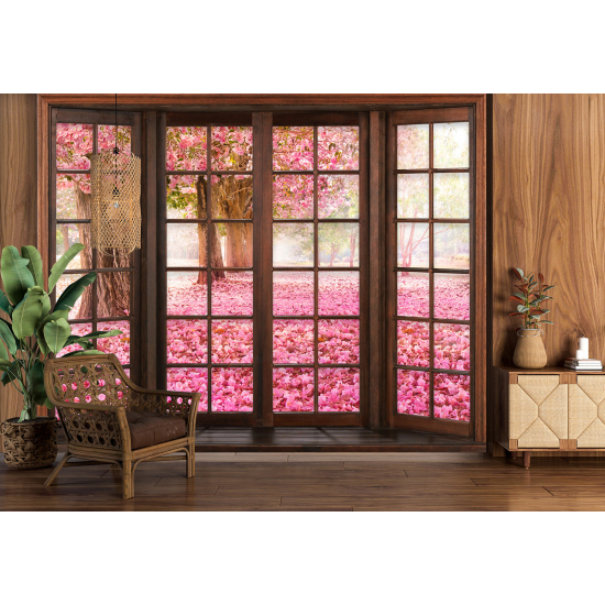 Carta da parati panoramica - Illusione ottica - Finestra in legno - Alberi fiori rosa