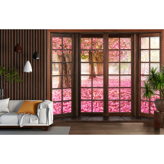 Carta da parati panoramica - Illusione ottica - Finestra in legno - Alberi fiori rosa