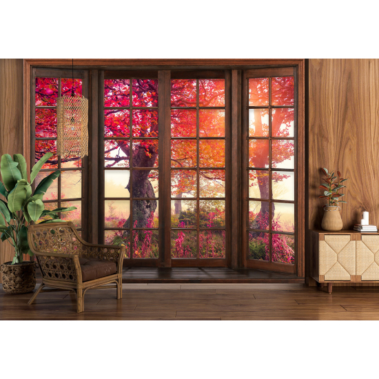 Carta da parati panoramica - Illusione ottica - Finestra in legno - Alberi foglie rosse
