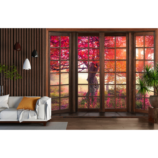 Carta da parati panoramica - Illusione ottica - Finestra in legno - Alberi foglie rosse