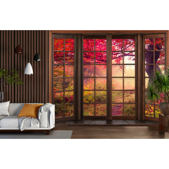 Carta da parati panoramica - Illusione ottica - Finestra in legno - Alberi foglie rosse
