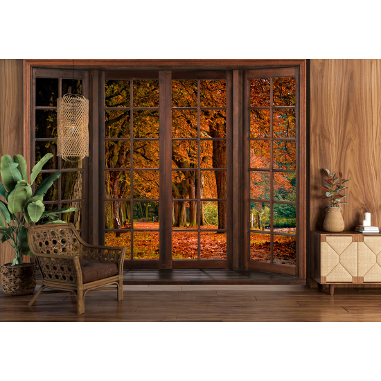 Carta da parati panoramica - Illusione ottica - Finestra in legno - Autunno