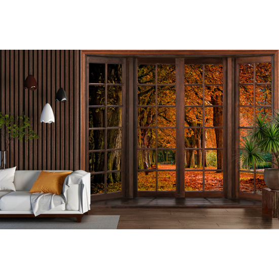 Carta da parati panoramica - Illusione ottica - Finestra in legno - Autunno