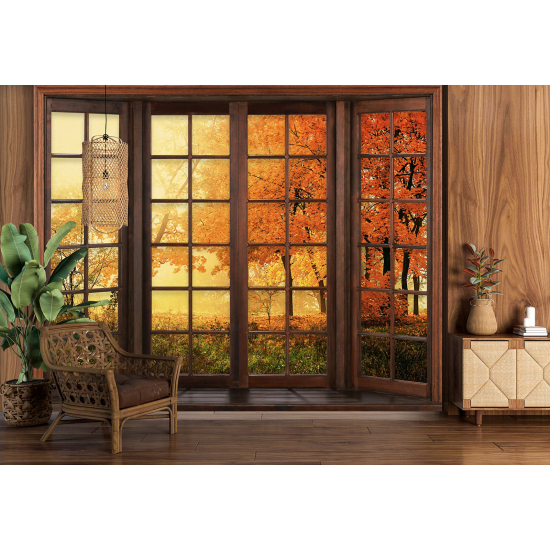 Carta da parati panoramica - Illusione ottica - Finestra in legno - Autunno