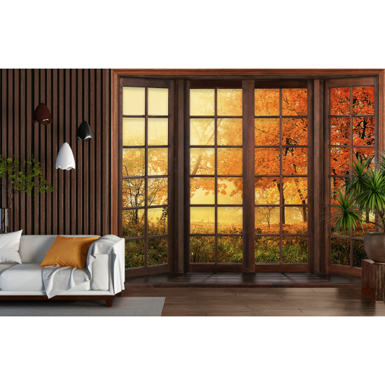 Carta da parati panoramica - Illusione ottica - Finestra in legno - Autunno