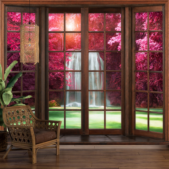 Carta da parati panoramica - Illusione ottica - Finestra in legno - Cascate
