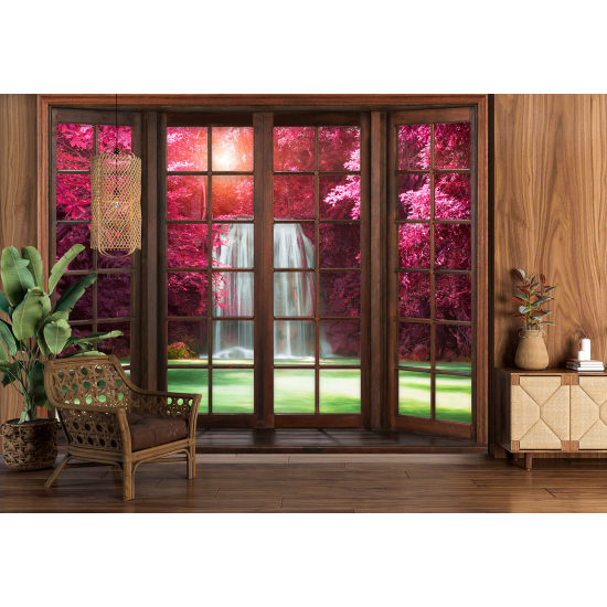 Carta da parati panoramica - Illusione ottica - Finestra in legno - Cascate