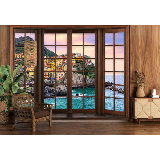 Carta da parati panoramica - Illusione ottica - Finestra in legno - Cinque Terre