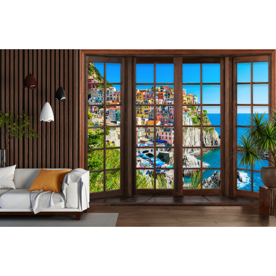 Carta da parati panoramica - Illusione ottica - Finestra in legno - Cinque Terre