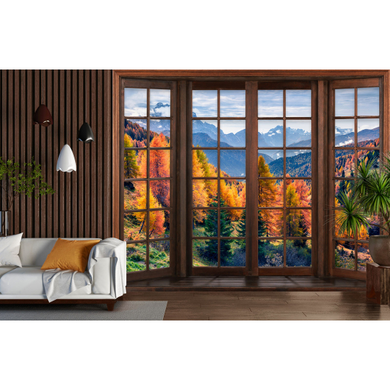 Carta da parati panoramica - Illusione ottica - Finestra in legno - Foresta