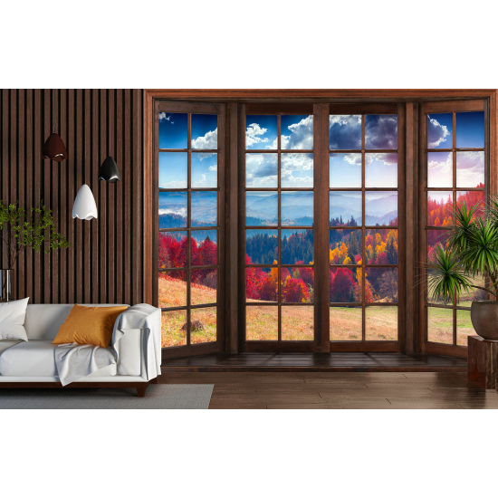 Carta da parati panoramica - Illusione ottica - Finestra in legno - Foresta autunno