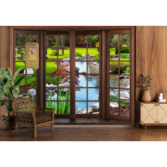 Carta da parati panoramica - Illusione ottica - Finestra in legno - Giardino Rivière