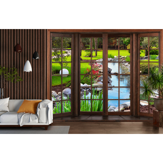 Carta da parati panoramica - Illusione ottica - Finestra in legno - Giardino Rivière