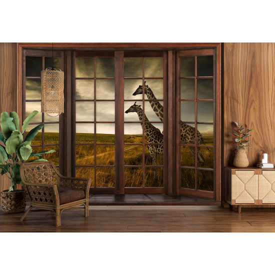 Carta da parati panoramica - Illusione ottica - Finestra in legno - Giraffe