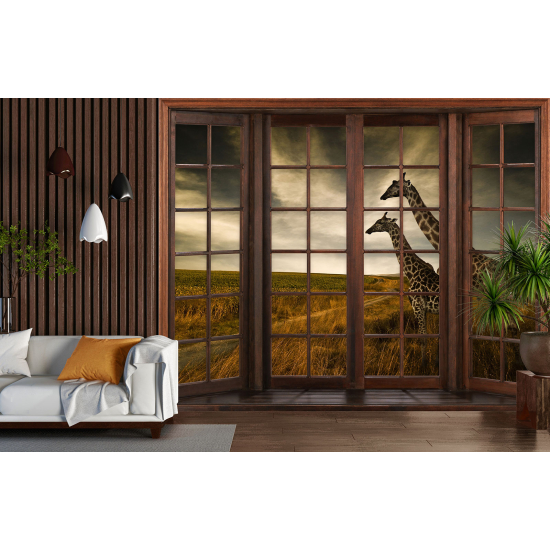 Carta da parati panoramica - Illusione ottica - Finestra in legno - Giraffe