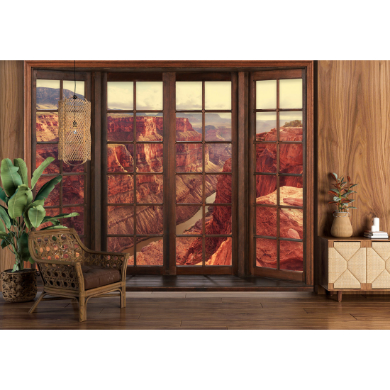 Carta da parati panoramica - Illusione ottica - Finestra in legno - Grand Canyon